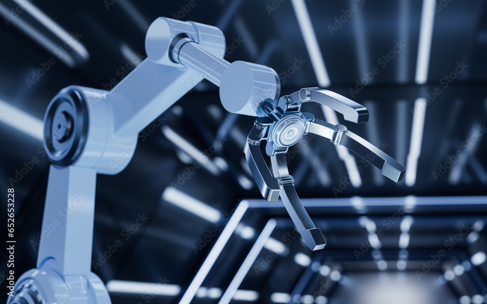Poster mechanical arm with futuristic style, 3d rendering.