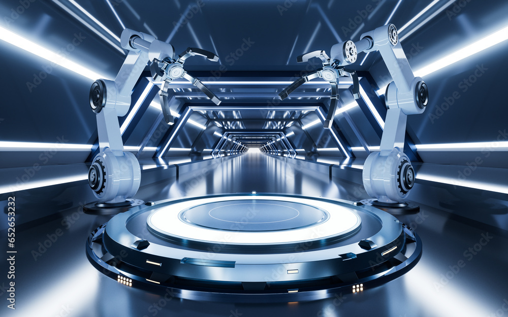 Aufkleber mechanical arm and empty stage, 3d rendering.
