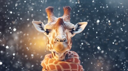 Obraz na płótnie Canvas Giraffe in winter. Portrait of a majestic giraffe. Beautiful giraffe on a blurred background with copy space.