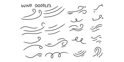 set of black hand drawn wind doodles isolated on white background