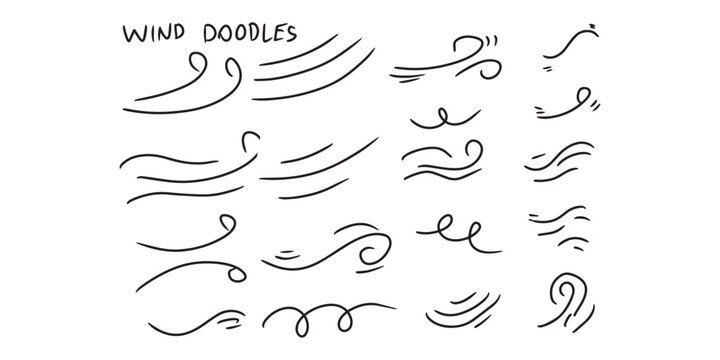 set of black hand drawn wind doodles isolated on white background