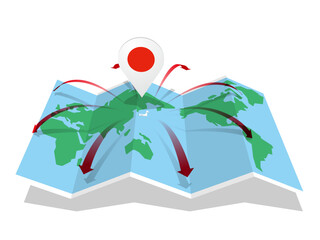 日本から八方へのびる矢印の世界地図とマーカー　ベクターイラストレーション