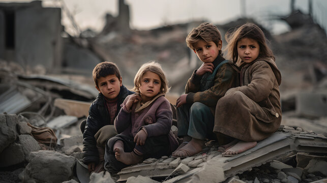 Group of children in dirty clothes sitting in the middle of destroyed city after the war