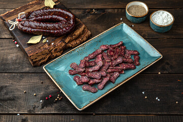 Sujuk. Menu for a restaurant. Beautiful composition on wooden boards.