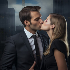 A businessman kisses a girl on the mouth