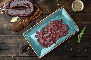 Sujuk. Menu for a restaurant. Beautiful composition on wooden boards.