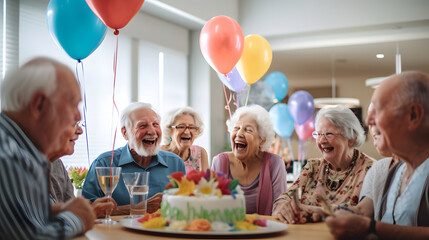 Happy group of senior people smiling and celebrating a birthday party with balloons and cake at a retirement home. Elderly people lifestyle - obrazy, fototapety, plakaty