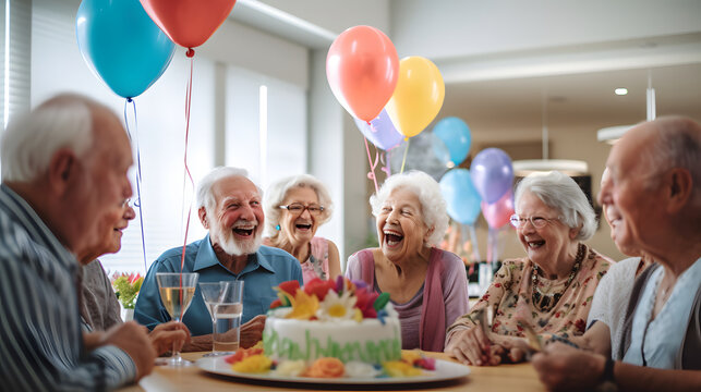 Happy group of senior people smiling and celebrating a birthday party with balloons and cake at a retirement home. Elderly people lifestyle