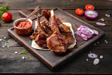 Kare calf. Menu for a restaurant. Beautiful composition on wooden boards.