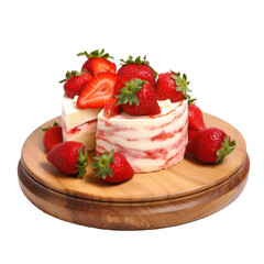 Strawberries cake on wooden plate isolated on transparent background