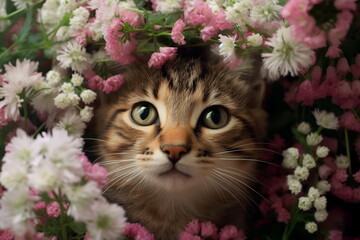 Close up of cute kitten face among valerian flowers