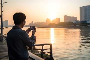 Obraz premium Back view a man taking photo with his camera on a seaside dock in city, beautiful weather sunset