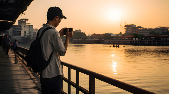 Back view a man taking photo with his camera on a seaside dock in city. Beautiful weather sunset