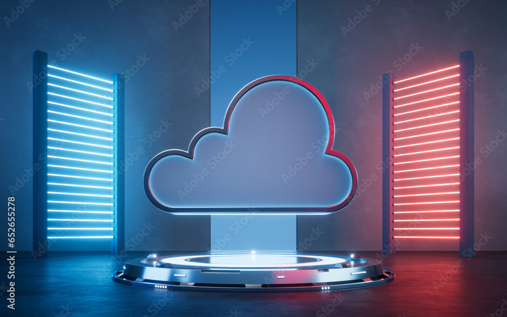 Poster cloud computing with glowing neon lights, 3d rendering.