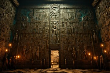 Ancient hieroglyphics-covered temple wall, Generative AI 
