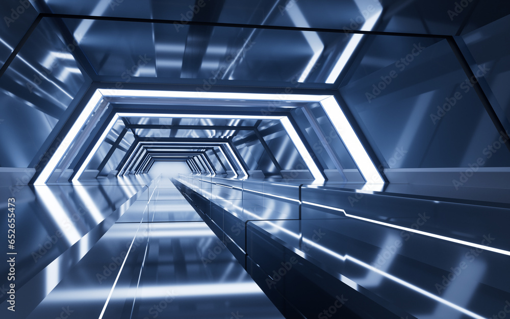Poster dark tunnel with technology structure, 3d rendering.