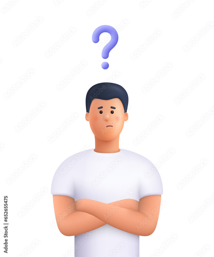 Poster confused man thinking with crossed arms pose with question mark. choice, doubts and problem solving 