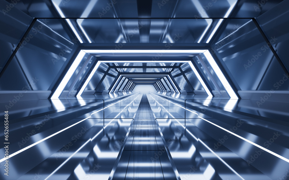 Poster dark tunnel with technology structure, 3d rendering.