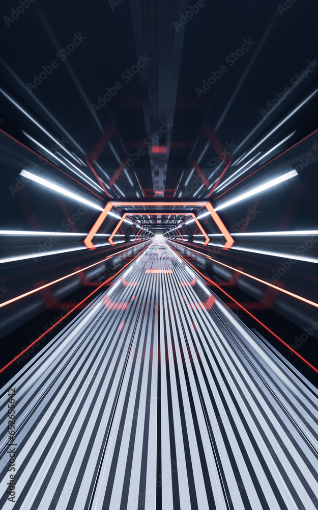 Poster dark tunnel with technology structure, 3d rendering.