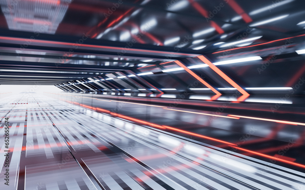 Poster dark tunnel with technology structure, 3d rendering.
