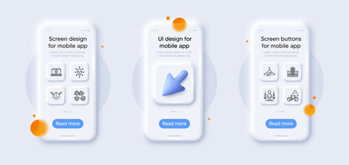 Hospital building, Dumbbells and Medical help line icons pack. 3d phone mockups with cursor. Glass smartphone screen. Face biometrics, Coronavirus injections, Slow fashion web icon. Vector