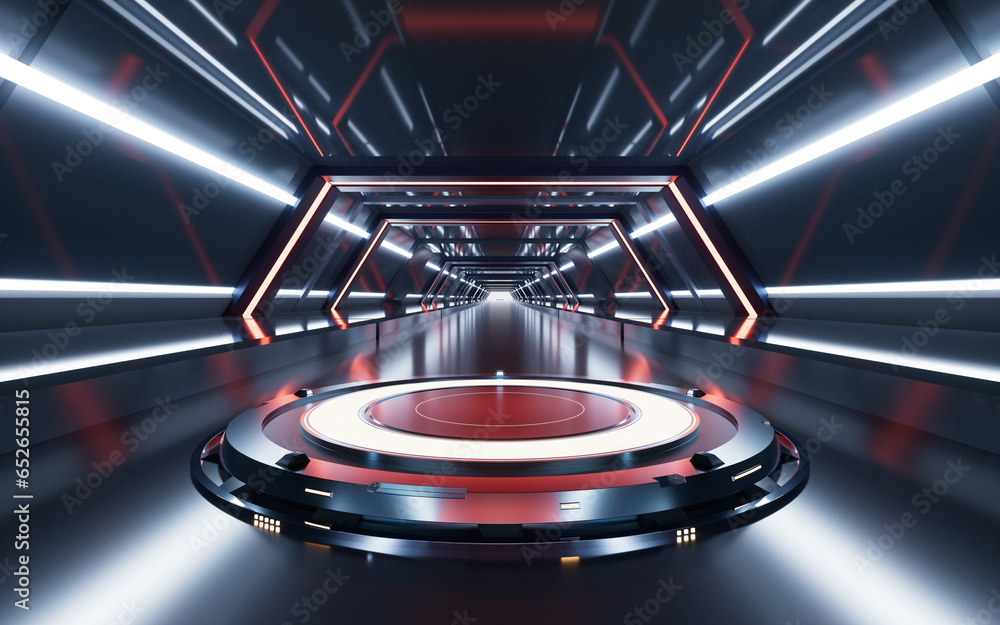 Poster empty stage in the dark technology tunnel, 3d rendering.