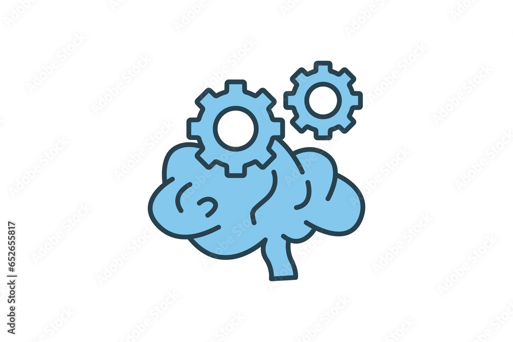Poster Thinking process icon. Brain icon with gear. icon related to critical thinking . suitable for web site design, app, user interfaces, printable etc. Flat line icon style. Simple vector design editable