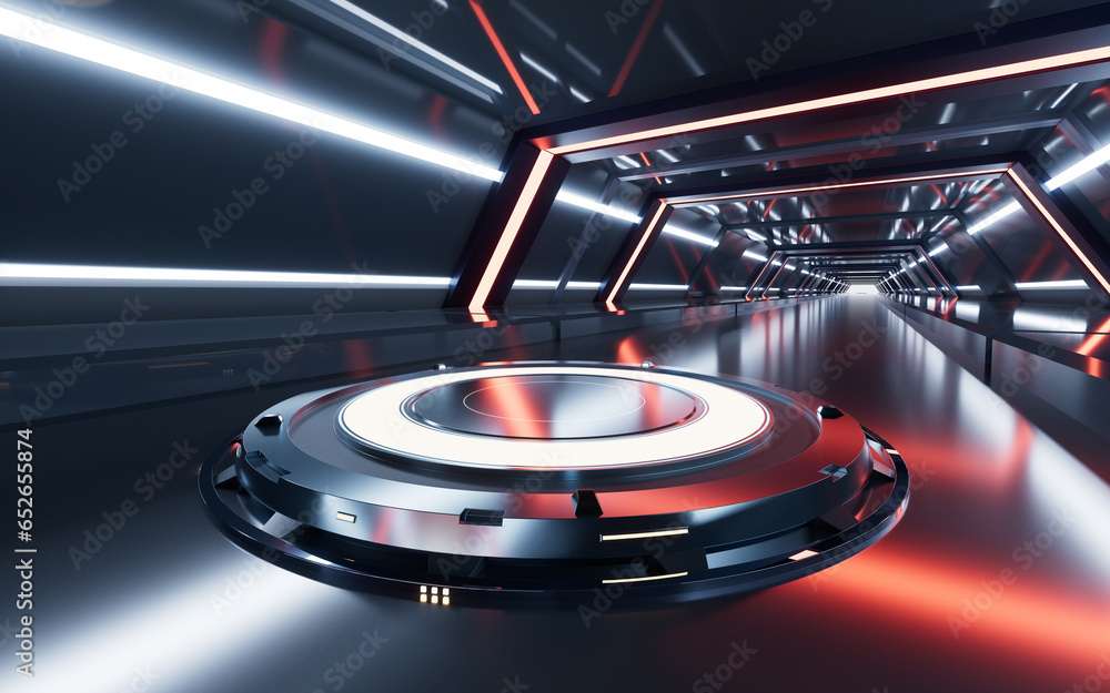 Poster empty stage in the dark technology tunnel, 3d rendering.