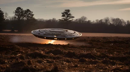 Foto op Aluminium A UFO crashed in a field, surrounded by debris and scorched earth © AspctStyle