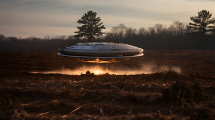A UFO crashed in a field, surrounded by debris and scorched earth