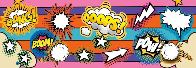 Comics vintage, retro illustration. Anime, manga, cinema elements. Lettering, quote. Multicoloured horizontally banner.