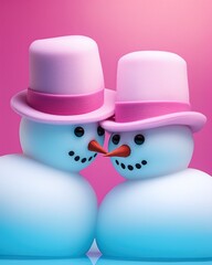 On a crisp winter day, two snowmen wearing festive holiday hats stand side by side, celebrating the joy of christmas and new year with a lighthearted cartoonish charm