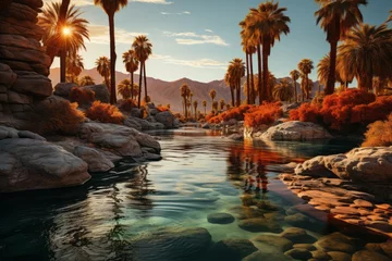 Crédence de cuisine en verre imprimé Coucher de soleil sur la plage Stunning desert oasis with palm trees, Generative AI
