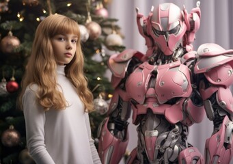 Fototapeta na wymiar On a cozy christmas morning, a young girl stands in awe of a newly-arrived robotic companion, dressed in her festive holiday clothing, ready to embark on a magical new year of adventures together