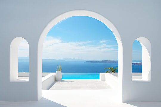 minimalism arch gate view to the sea beach living Santorini island style