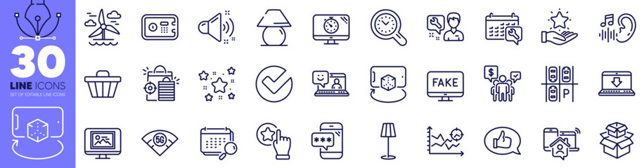 Loyalty program, Work home and Smile line icons pack. Phone password, Parking place, Rate button web icon. Seo timer, Safe box, Calendar pictogram. Packing boxes, Verify, Feedback. Vector