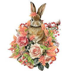 Funny rabbit, animal, bunny. Easter, Holiday card. Botanical elements, floral.