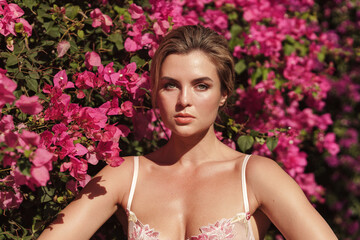 Naklejka premium Beautiful blonde woman with smooth skin and natural makeup, as she poses against a backdrop of a bush with delicate pink flowers