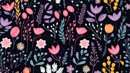 Hand-drawn pattern with diverse flowers, leaves, and stems