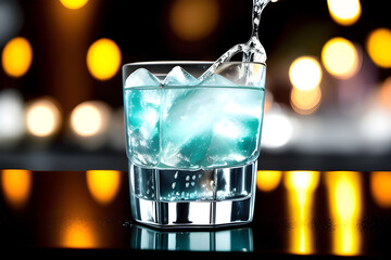 Water pouring into glass of ice cubes