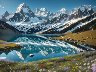 Alpine snowy mountain landscape with lake and flower meadow