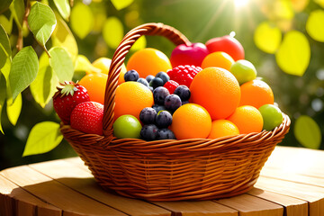 Wooden rustic basket full of colorful fruits