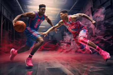 バスケットボールの1on1をしている2人の男性のプロバスケットボールプレイヤー - obrazy, fototapety, plakaty