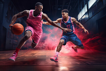 Naklejka premium 試合中にドリブルをしながら向き合うディフェンスとオフェンスの2人の男性のプロバスケットボール選手