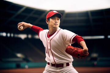マウンドでピッチングをする赤いユニフォームを着ているプロ野球選手のピッチャー(日本人選手) - obrazy, fototapety, plakaty