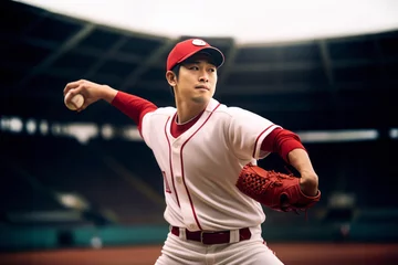 Foto auf Leinwand マウンドでピッチングをする赤いユニフォームを着ているプロ野球選手のピッチャー(日本人選手) © PhotoSozai