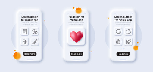 Like, Copy files and Dating line icons pack. 3d phone mockups with heart. Glass smartphone screen. Pencil, Vr, Health app web icon. Bus parking, Group pictogram. For web app, printing. Vector