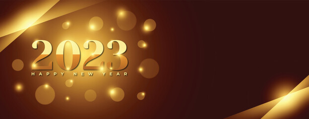 Golden new year 2023 greeting banner with light bokeh effect text space vector file