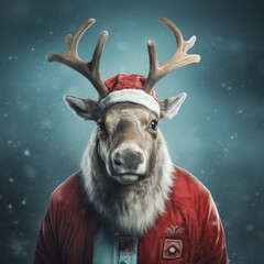 On a cold winter night, a red-suited reindeer stands majestically, wearing an outfit reminiscent of santa claus and adorned with a snowman and antlers, evoking the festive spirit of christmas and new