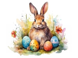 Watercolor bunny rabbit and Easter eggs